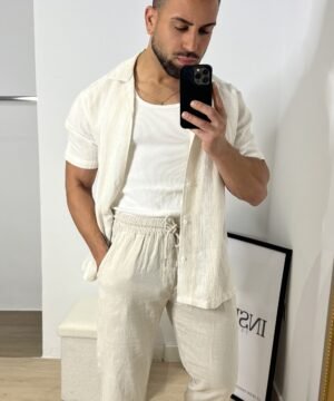 CONJUNTO BEIGE CAMISA ESTRUCTURA Y PANTALON LINO