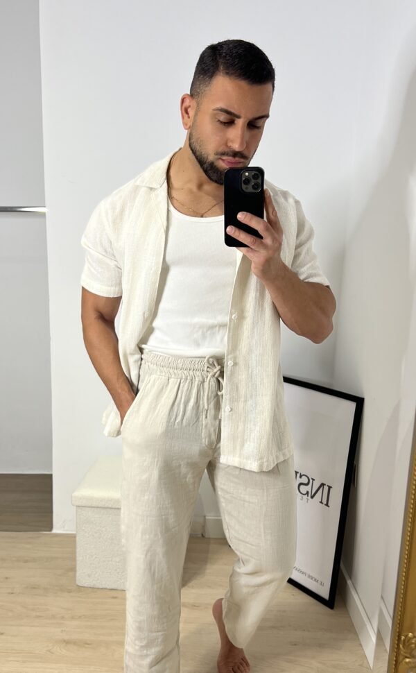 CONJUNTO BEIGE CAMISA ESTRUCTURA Y PANTALON LINO